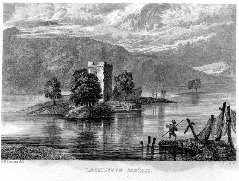 Engraving showing Lochleven Castle island by William William Miller after G F Sargent (1832)